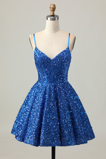 Sequins Dark Blue A Line Short Corset Cocktail Dress